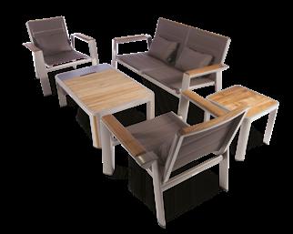(1) Table 79 x 35 x 29 in aluminum with teak back (6) Folding chairs in aluminum with cushioned textilene 2/1, and armrests in teak Lounge set (1) Coffee table, 43 x 27 x 15,
