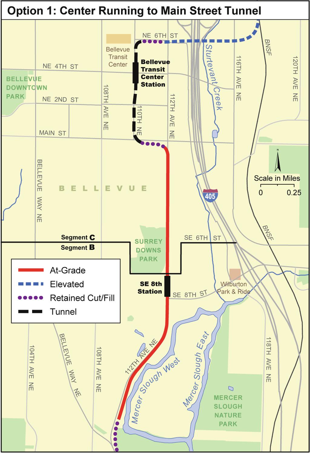 Evaluation Summary by Option Option 1: Center Running to Main Street Tunnel Transportation Like the other center-running alignments where vehicles can only cross the tracks at signalized