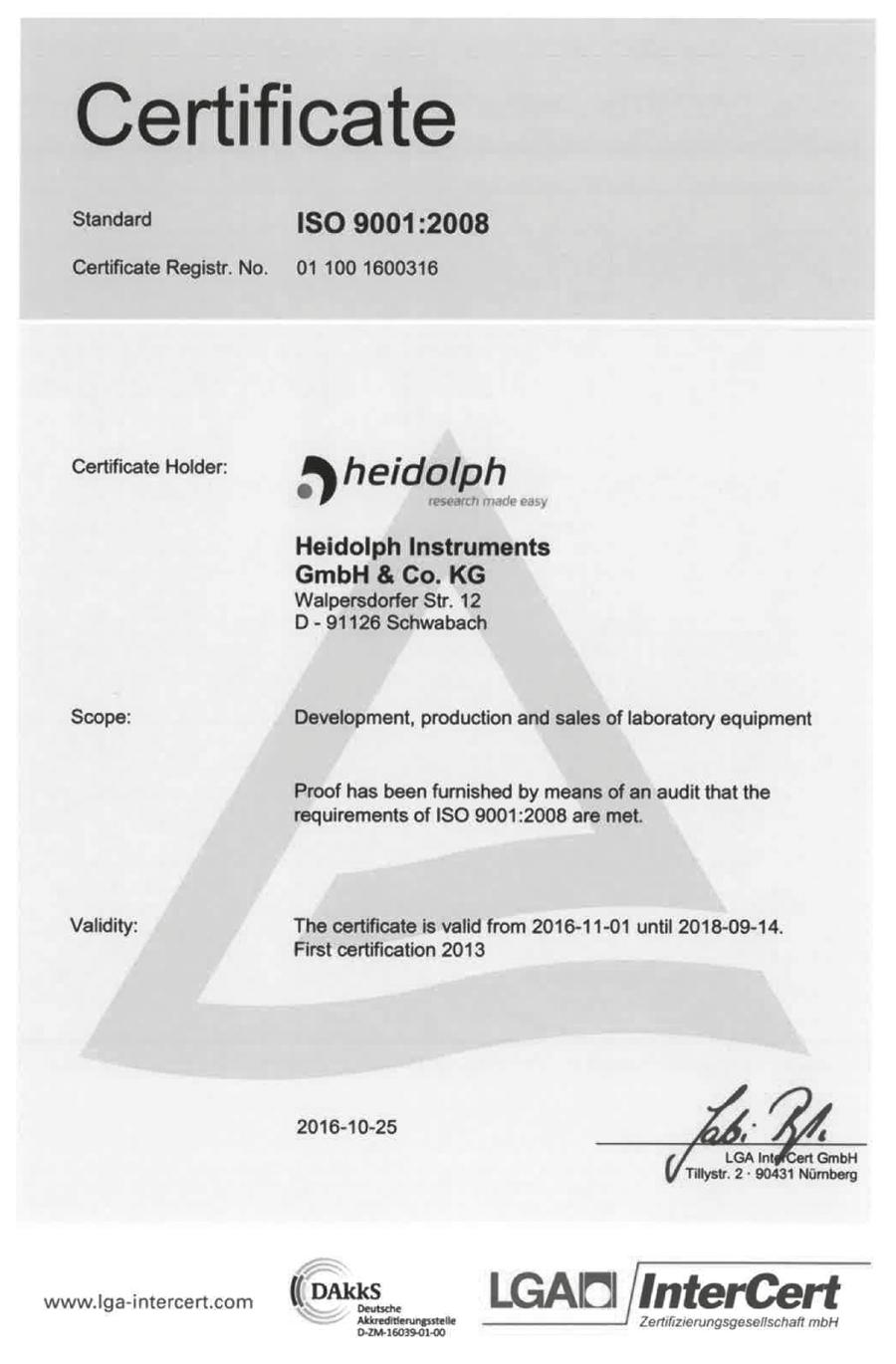 ISO Certificate Your Contacts at Heidolph North America Contact Information North America Sales Director Steve Drayer 248-941-2763 sdrayer@heidolph.