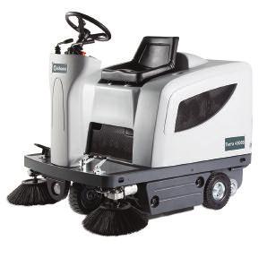 caster wheels operate in the clean path behind side brooms Variable handle height Handle folds down Terra 132B Walk-Behind Sweeper 32 inch sweep path