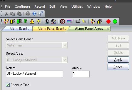 Add Alarm Panel Areas/Partitions in SG Alarm Panel Areas are the same as Partitions in the Vista interface. Operator login must be set to allow full editing of Alarm Panel features.