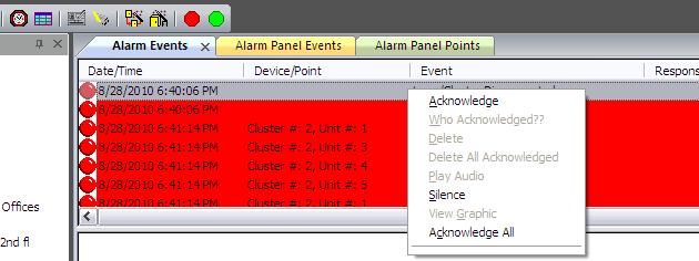 Acknowledging Alarm Events The SG Operator can right-click on any alarm event to open the command menu and issue a command. Some of the commands are enabled and disabled based on workstation options.