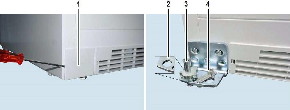 Insert cover 1 on the opposite side. Undo the fastening screw belonging to the door closing aid 4. Lift door closing aid 4 and turn by 90.