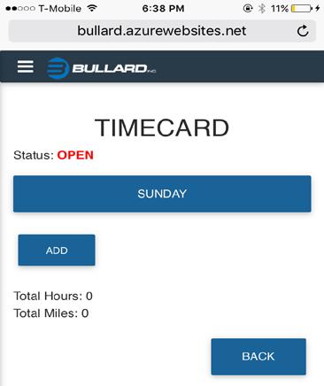 Bullard Timecard Portal 6 2.2.4 Add, Edit, Delete Timecard To add a new job, click on the Add button.