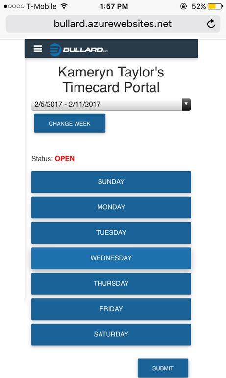 Bullard Timecard Portal 12 2.3 Submit Timecard to Scheduler Once you have finished adding in all your timecards for the week, click the SUBMIT button at the bottom right of the screen.