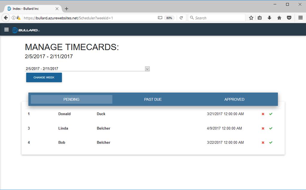 Bullard Timecard Portal 19 3.2.2 Pending View Within the pending view, you are able to view the timecards Field Employees have submitted by the deadline (Friday at 12pm) in the quick view.