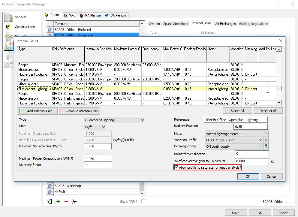 Figure 2-3: Internal gains dialog, accessed from the Building Template Manager, with the option to allow profile saturation for loads analysis engaged 2.
