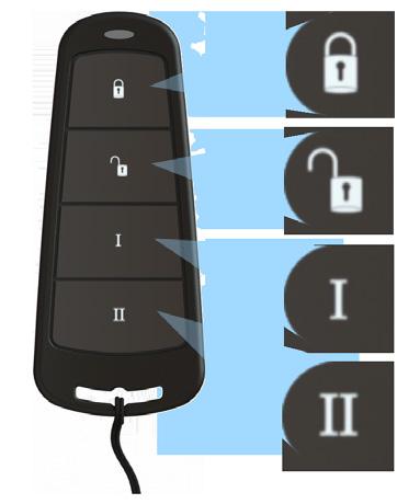 Using the Keyfob (If you have a Wireless ZEM ): The wireless keyfob has four buttons that can be programed to perform specific functions: no action, show status, set area, unset area, latch output,