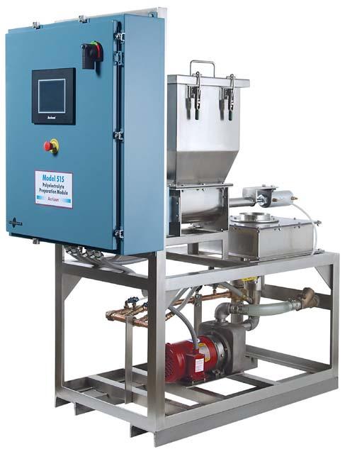 To accomplish this, a dry solids volumetric feeder meters polymer into a unique Wetting Chamber where the polymer combines with high energy, swirling water to form a thoroughly wetted solution,
