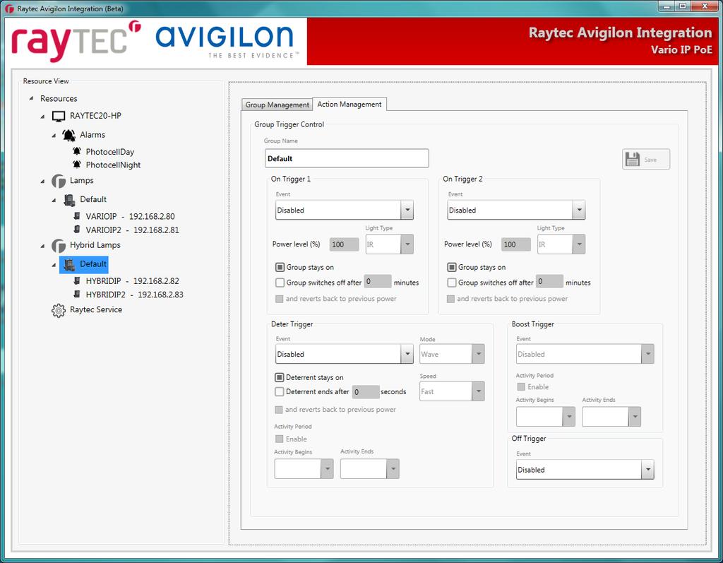 If you choose a group under the Hybrid Lamps branch, you will see a slightly different Action Management tab: We can configure lamps to do any number of actions based on Avigilon Control Center