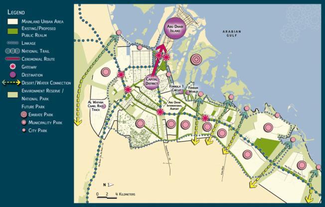 The Abu Dhabi Mainland Public Realm Network focuses on emphasising the Mainland s function as a capital district by creating a system of linear corridors that link future destinations and major