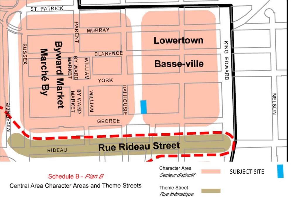 FIGURE 4: SCHEDULE B CENTRAL AREA CHARACTER AREAS AND THEME STREETS In regards to the proposed temporary surface parking lot, the following policy applies: / City Council may permit, within mixed use