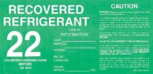 RECOVERED REFRIGERANT LABELS, LARGE Meets DOT requirements for transporting refrigerants. All recovered refrigerant labels are designated with color code and shipping classification.
