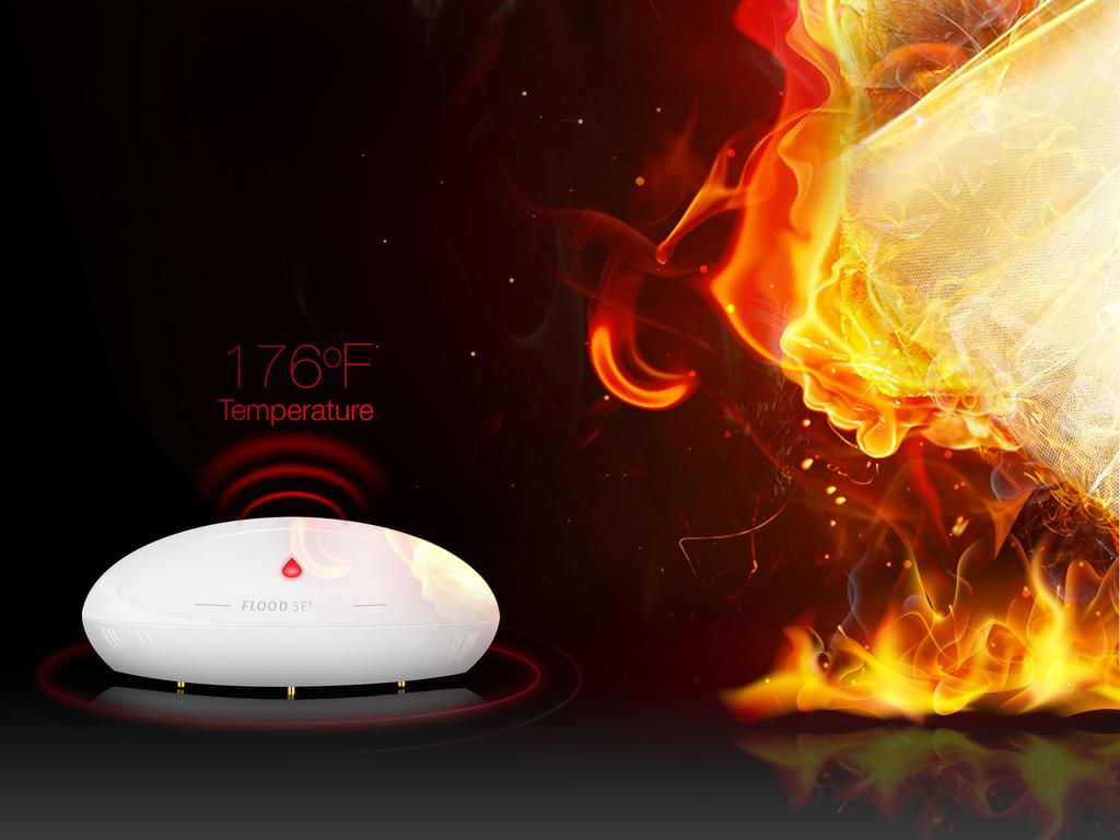 ...And help you detect a fire. The Fibaro Flood Sensor isn t afraid of high temperatures, either.
