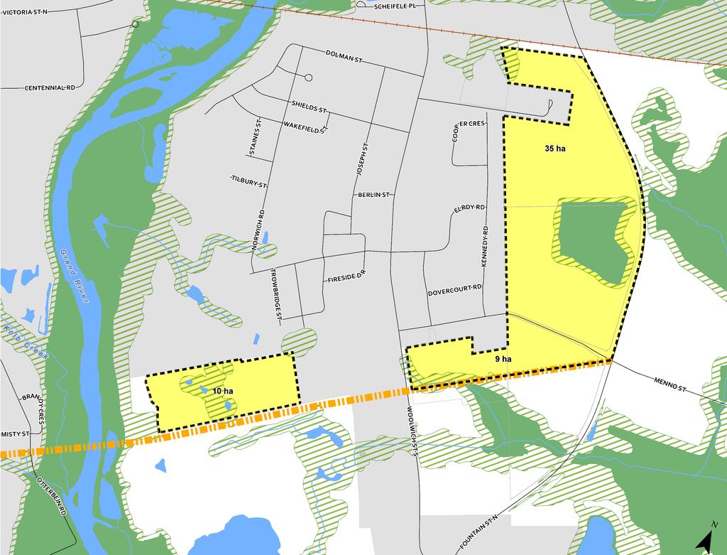 Preliminary Preferred Option Breslau The Region s Official Plan intends to designate up to 55 hectares of land for mainly residential purposes west of Fountain Street and north of a future Ottawa