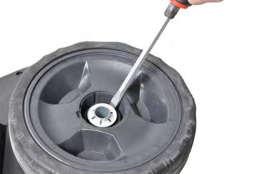Slide a new wheel onto the axle. Insert the lockwasher.