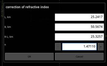 refractive index - this dialog allows using known distances on the trace solve reverse task - determine refractive index with high accuracy Pressing + or - button user can change refractive index by
