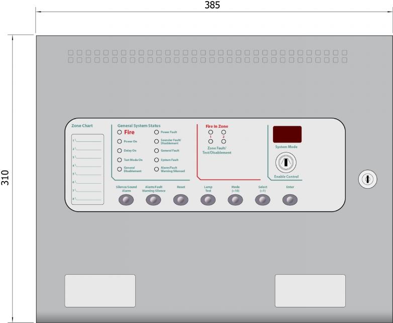 5. Control panel fascia 4B In addition to the mandatory controls and indications required by the EN54-2 standard, two, seven segment, LED displays and MODE, SELECT and ENTER buttons are provided to