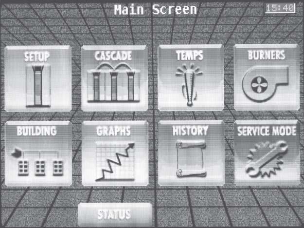 1 Service Main Screen: The Main Screen allows navigation to eight (8) additional screens which are used to set temperatures, operating conditions, and monitor water heater operation.