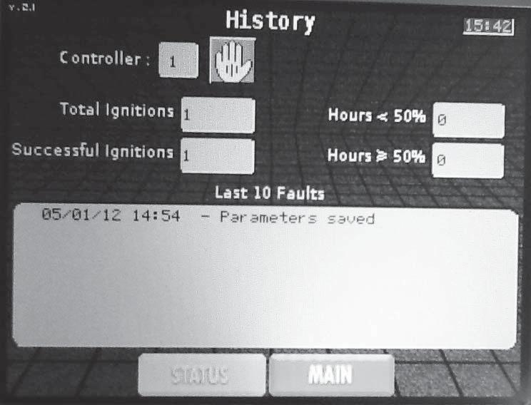 1 Service History Screen: The History Screen shows the status of various counters and faults for each control module.