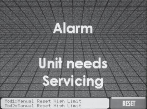 3 Troubleshooting Alarm Screen: If a fault occurs which requires a Manual Reset, the unit will go into a lockout condition and the Alarm Screen will be activated.