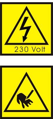 Caution: 230 volt tension. Caution: rotating gears. Severing of fingers.