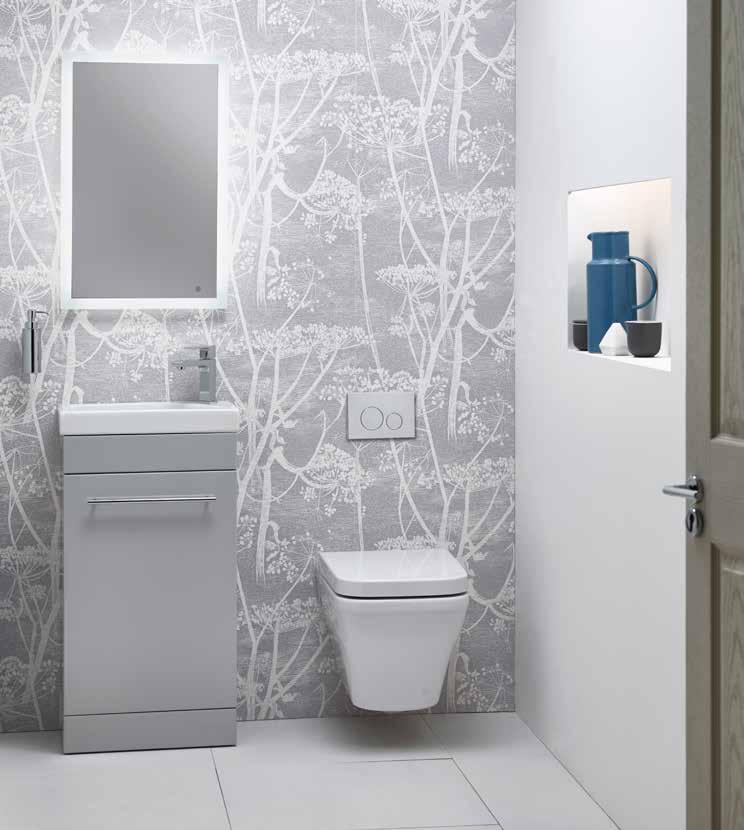 1 16 16 CLOAKROOMS & ENSUITES Think outside the box with our clever range of cloakroom and ensuite furniture, complemented by a range of neat basins and short projection WCs.