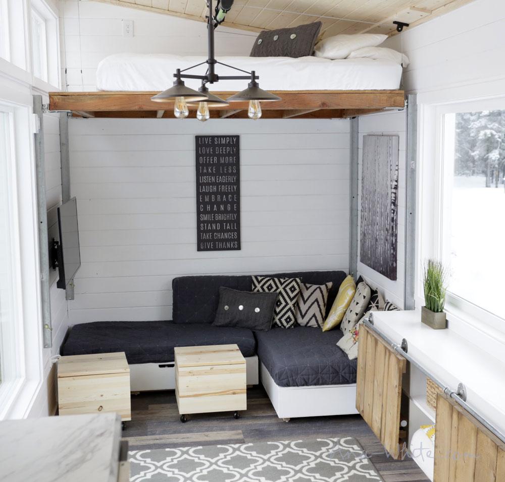 Open Concept Tiny House The big goal with this tiny house was a wide open spacious feeling. The rug in the center is a full sized rug.