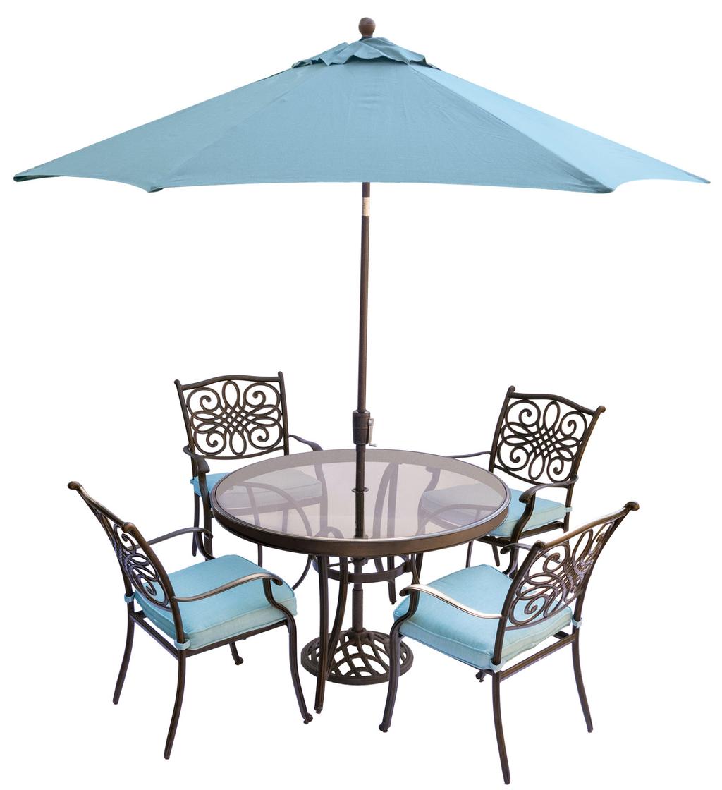 3-Piece Bistro Sets TRADDN3PCSW-BLU... UPC: 013964879629 Includes two swivel rockers with blue cushions and a 32 cast-top table TRADDN3PCSWG-B.
