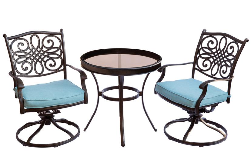.. UPC: 013964884913 Includes two swivel rockers with blue cushions and a 30 glass-top table TRADDN3PCSWG-B with glass-top table 5-Piece Dining Sets TRADDN5PC-BLU.