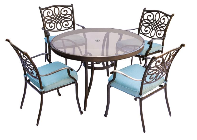 .. UPC: 013964879650 Includes four swivel rockers with blue cushions and a 48 cast-top table TRADDN5PCG-BLU.