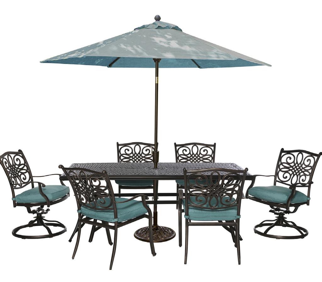 7-Piece Dining Sets TRADDN7PCSW-BLU... UPC: 013964879674 Includes two swivel rockers and four stationary chairs with blue cushions and a 38 x 72 cast-top table TRADITIONS7PC-BLU.