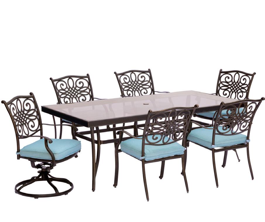 .. UPC: 013964885224 Includes six swivel rockers with blue cushions and a 38 x 72 cast-top table TRADDN7PCSW2G-BLU.