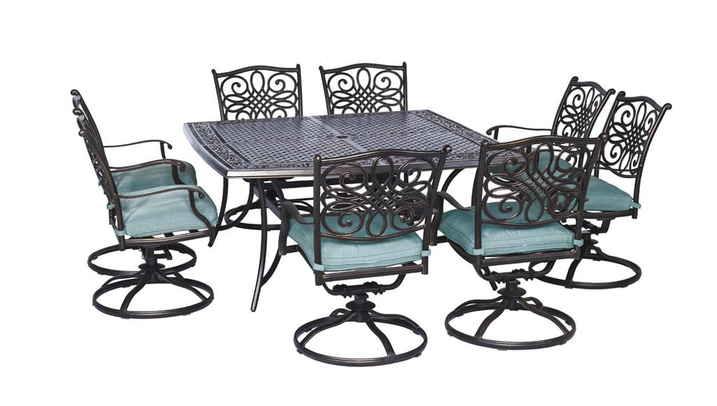 9-Piece Dining Sets TRAD9PCSW2-BLU... UPC: 013964879599 Includes two swivel rockers and six stationary chairs with blue cushions and a 41 x 84 cast-top table TRADDN9PC-BLU.