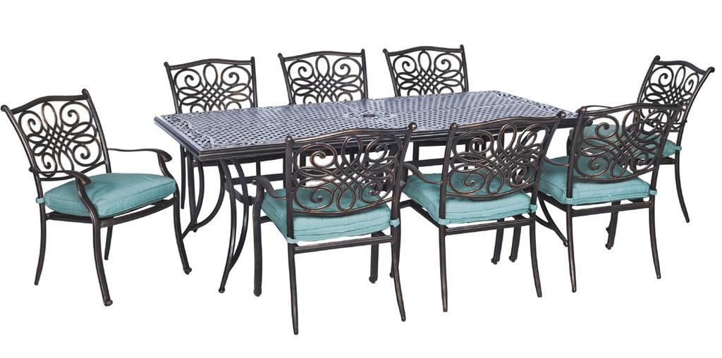 .. UPC: 013964879605 Includes eight swivel rockers with blue cushions and a 41 x 84 cast-top table TRADDN9PCSW2G-BLU.