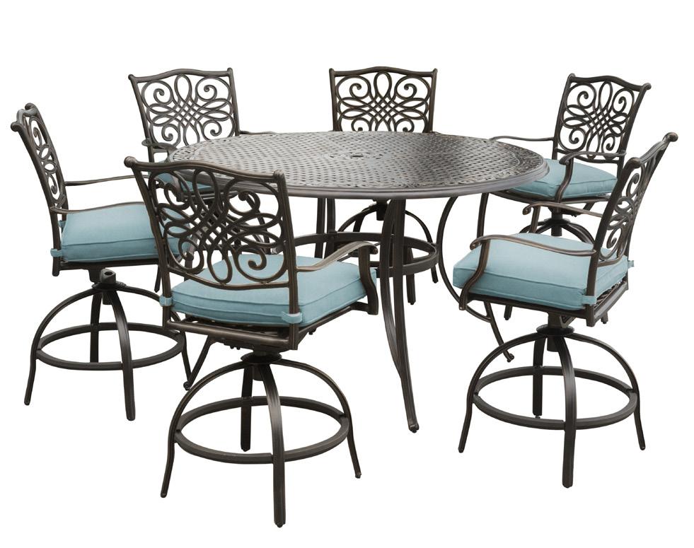 .. UPC: 013964885071 Includes six swivel bar chairs with blue cushions and a 56 cast-top table High-Dining Bar Sets with Umbrella and Stand TRADDN5PCBR-SU-B.
