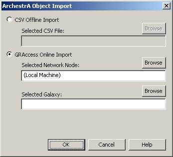 If you are importing alarms from an ArchestrA Galaxy and are on a platform with the ArchestrA IDE installed, you will be presented with the option of importing alarms from a CSV file or importing