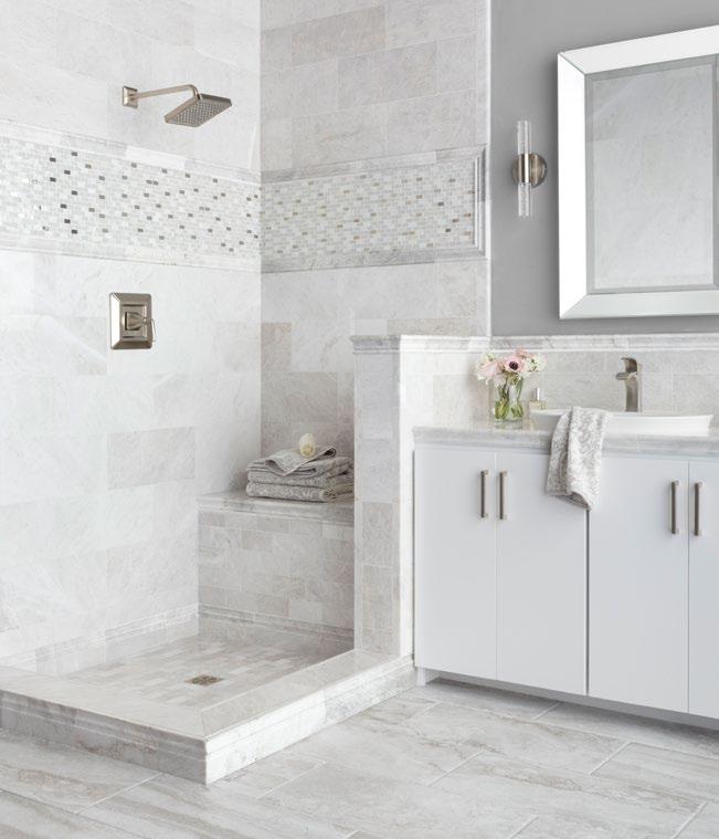 Each tile creates an image of dignified elegance with its bright white backdrop, gentle blush undertones and grey veins.