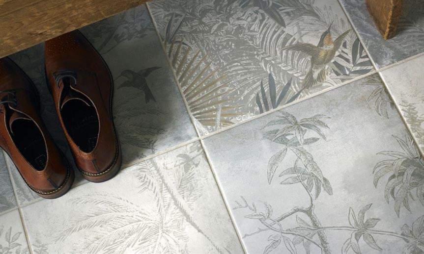 matte ceramic tile presents a tonal, tropical design composed of muted-grey shades with an occasional lustrous effect to
