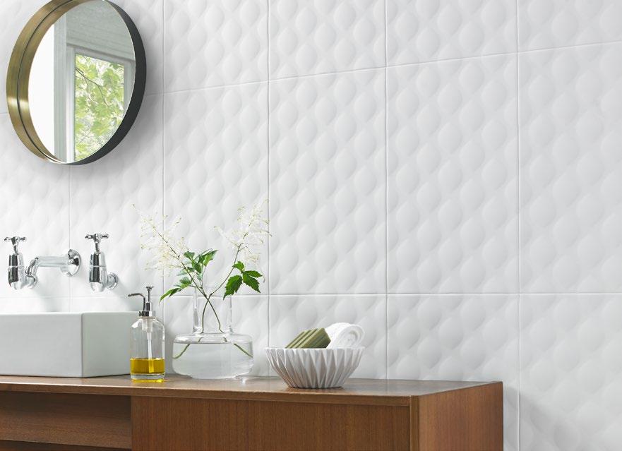 3-D wall tiles can be combined with multiuse plain ceramic tiles from the Ted Baker VersaTile range for a match made in heaven.