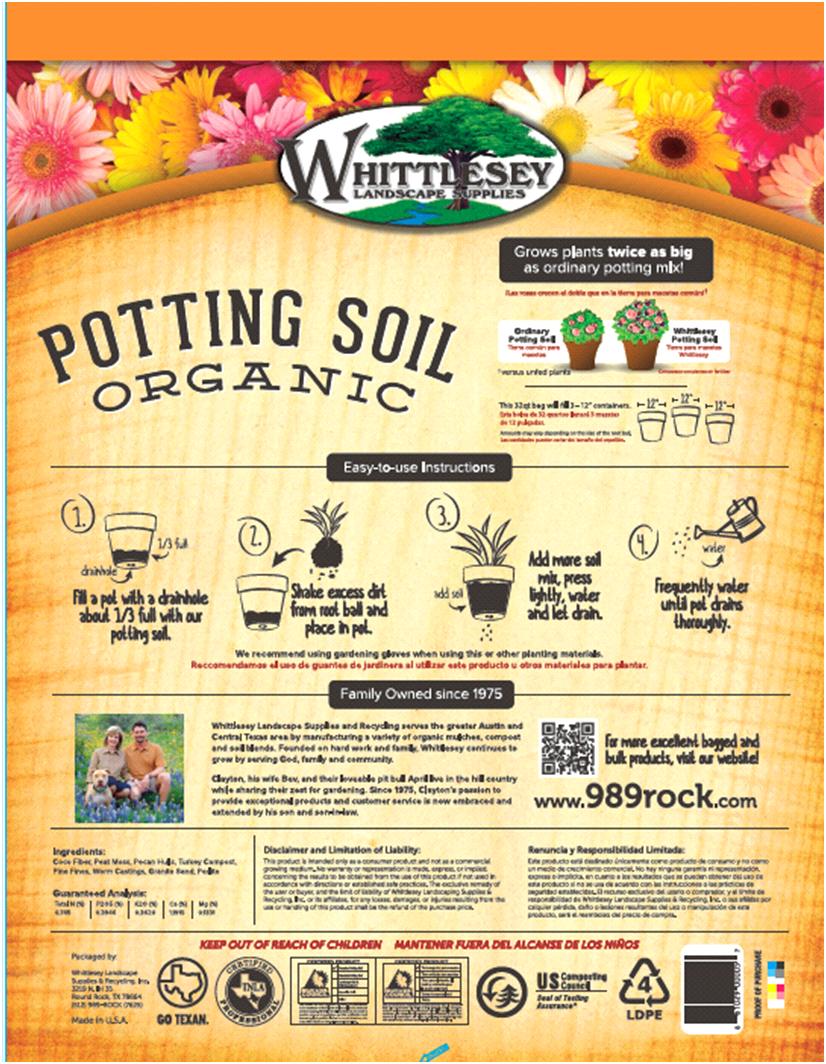 Why Potting Soil: Some of the most common reasons people are unsuccessful with potted plants: -Under or over watering -Improper drainage -Improper pot size Using a Premium Potting Soil for container