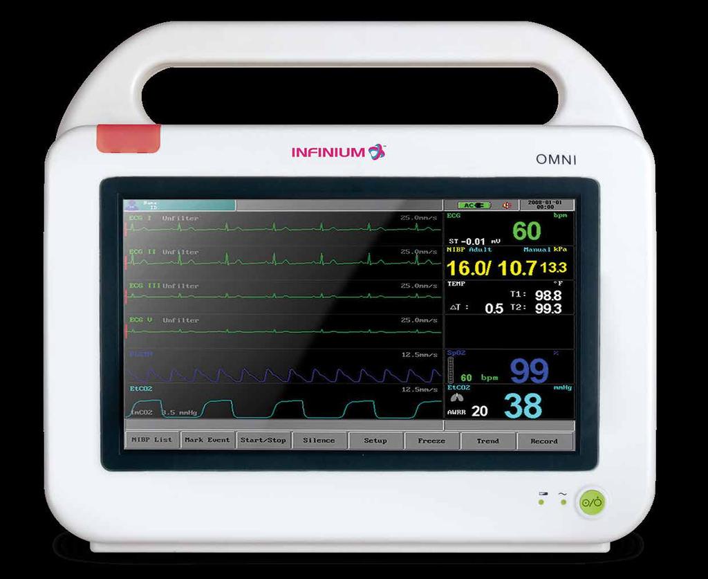 The Omni is preconfigured with non-invasive blood pressure, 3/5 ECG with arrhythmia detection, impedance respiration, SpO2, and temperature.