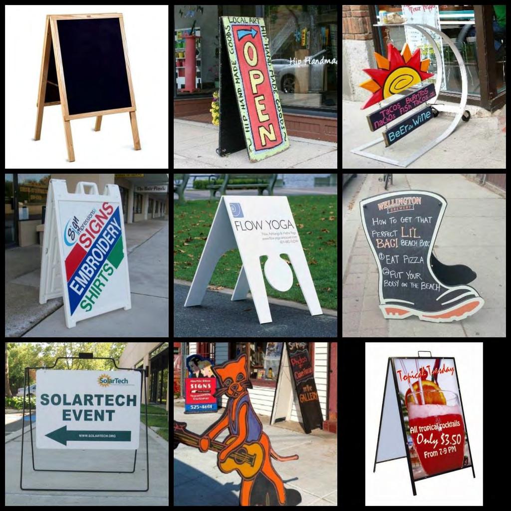 Olde Eau Gallie Riverfront CRA (only): A-frame Signs. A-frame signs are intended to attract pedestrian traffic in a tasteful and aesthetically pleasing manner.