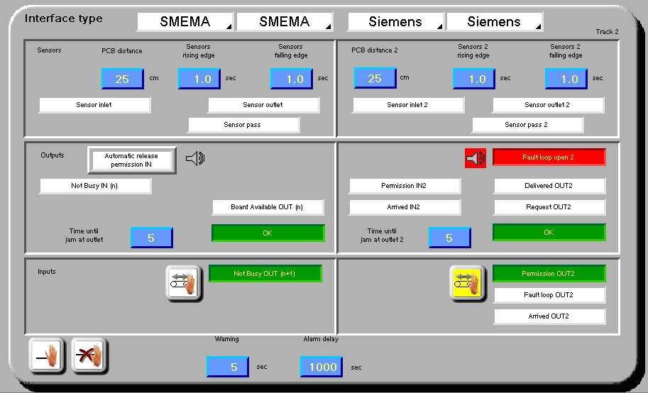 Handling interface The control communicates with the other line components via the Handling interface. All defined interfaces (e.g. SIEMENS, SMEMA) can be realised. SMEMA is set as a standard.