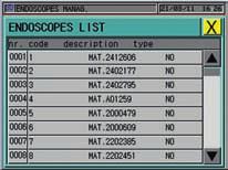 The software manages a database of endoscopes. At the first start of the machine the technician associates to each instrument the relevant elements for its identification, i.e. manufacturer, type, model and the parameters related to flow and pressure, number of active channels, pump functioning mode.