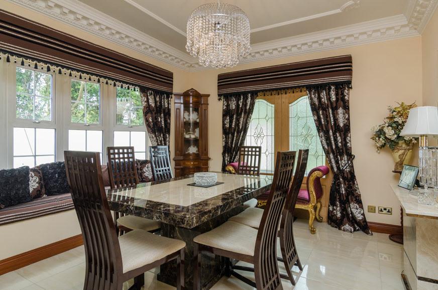 DINING ROOM: 13' 1" x 11' 5" (3.99m x 3.48m) Cornice ceiling, ceiling rose, polished tiled floor, bay window with seating.