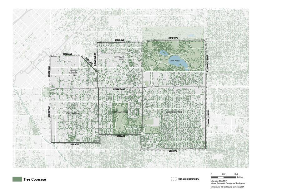 Landscaping Tree canopy coverage - 18% Denver average - 19% High concentration in parks Lower concentration in Capitol Hill neighborhoods Colfax Avenue BID Streetscape