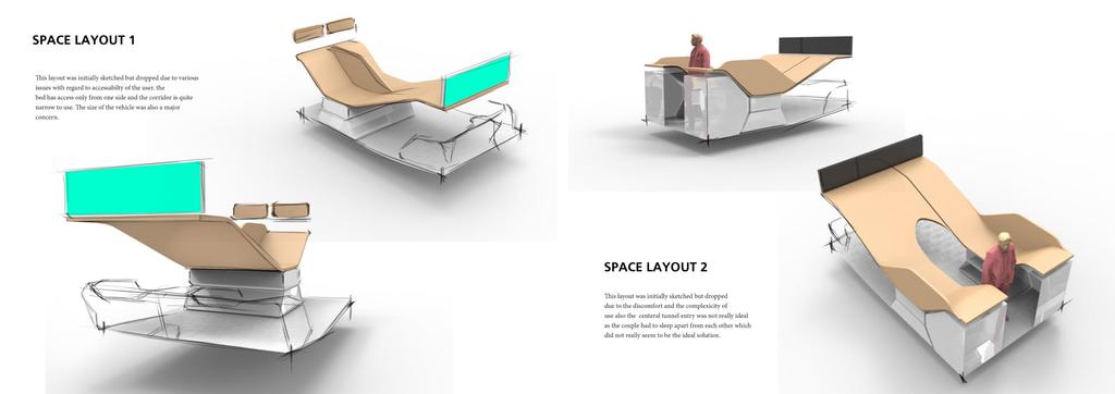 CONCEPT LAYOUTS LAYOUTS The space layout 1 had a problem of accessing the bed for the other passenger. As it was disturbing 2 people in order to get out of the car.