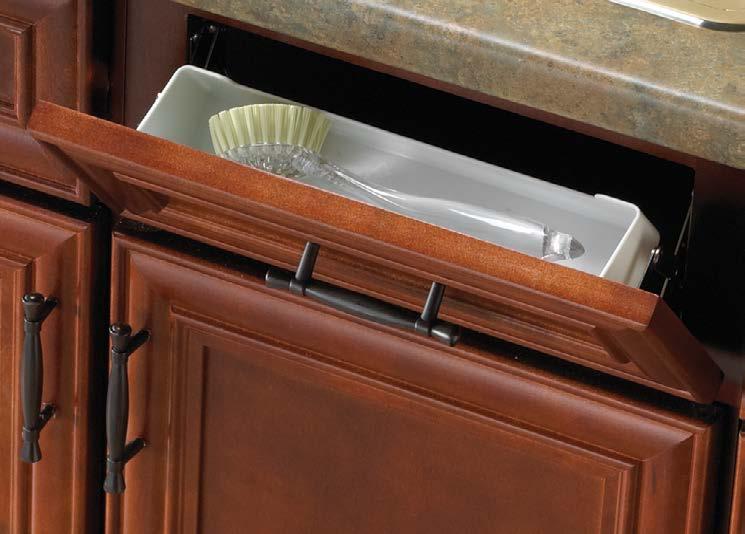 Sink Front Trays Turns the false panel in front of a kitchen or bath sink into valuable storage space, keeping soap, sponges, jewelry,