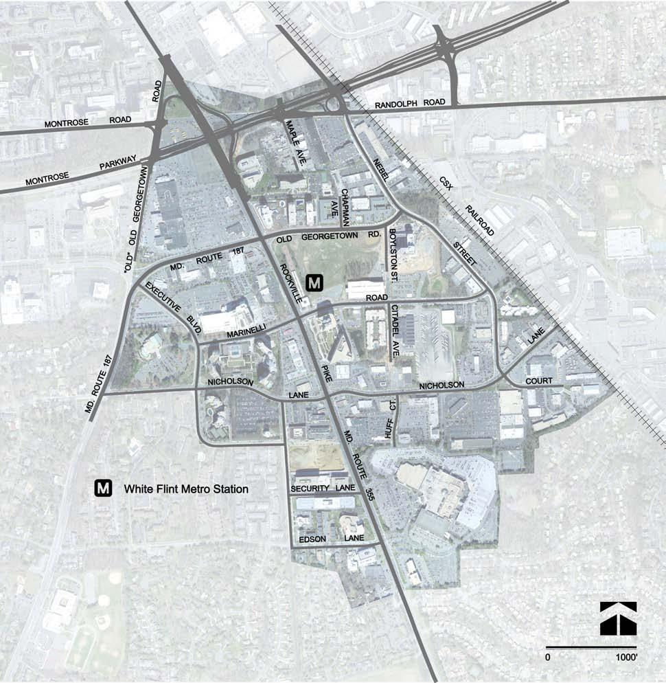 High-density land uses were first considered in the White Flint Area when the Montrose Road/ Nicholson Lane area had been identified as a mass transit line/station primary impact area during the
